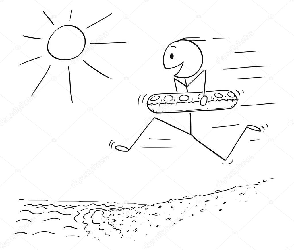 Cartoon of Happy Man With Swimming Ring Running on Beach in to Water