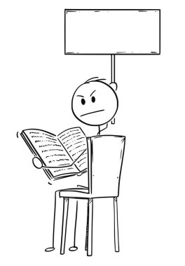 Karikatür rahatsız adam sandalyede oturan ve bir kitap okuma ve boş işaret tutan