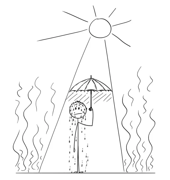 Karikatur eines schwitzenden Mannes in heißer Sommerhitze, der sich unter einem Regenschirm versteckt — Stockvektor