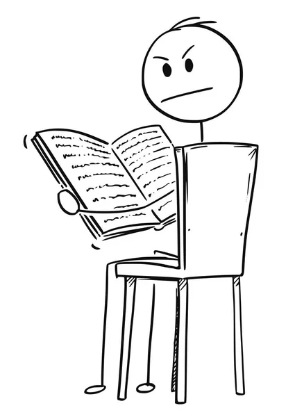 Cartoon van geërgerd Man zittend op een stoel en het lezen van een boek — Stockvector