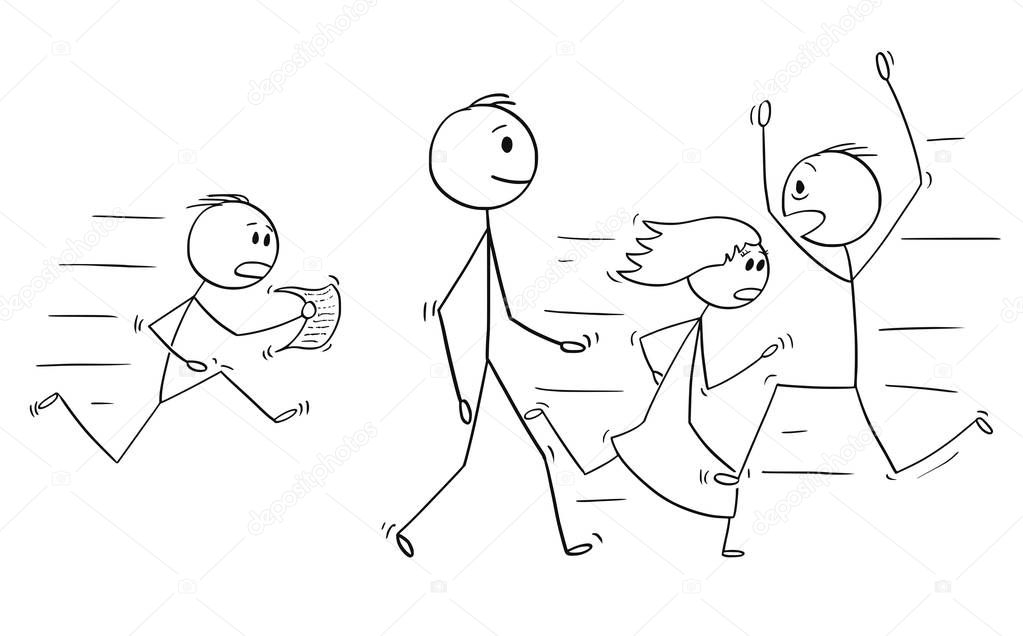 Cartoon of Confident Man or Businessman Walking Slowly With People Hurrying in Stress Around
