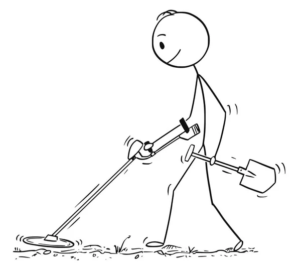 Karikatur eines Mannes auf Schatzsuche mit Metalldetektor — Stockvektor