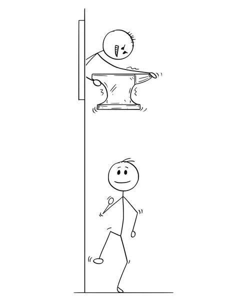 Cartoon van Man of zakenman laten vallen van het IJzeren aambeeld op zijn concurrent — Stockvector