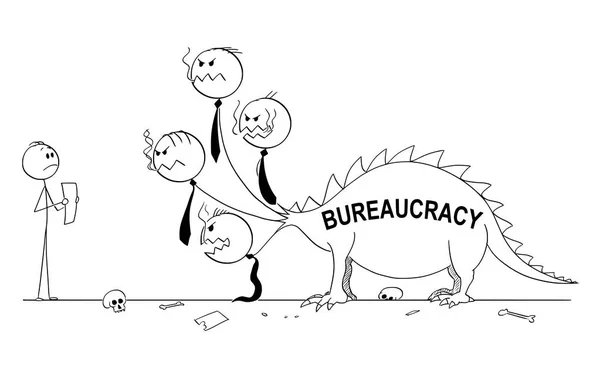 Cartoon of Man or Businessman Holding Paper e affrontare la bestia o il drago della burocrazia . — Vettoriale Stock