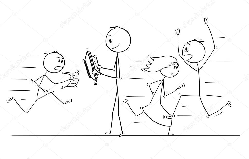 Cartoon of Confident Man Walking Slowly and Reading With People Hurrying in Stress Around