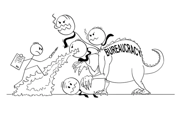 Cartoon of Man or Businessman Fighting Against Beast or Monster or Dragon of Bureaucracy. Royalty Free Stock Illustrations