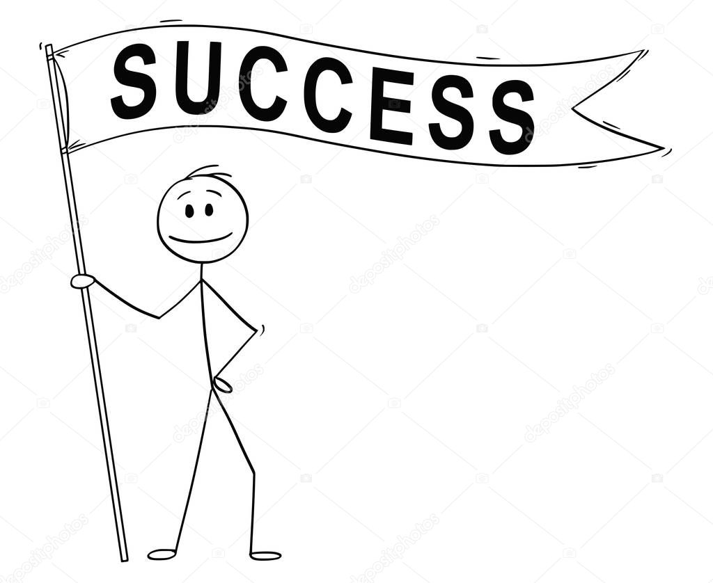 Cartoon of Man or Businessman Holding Long Flag or Banner With Success Text