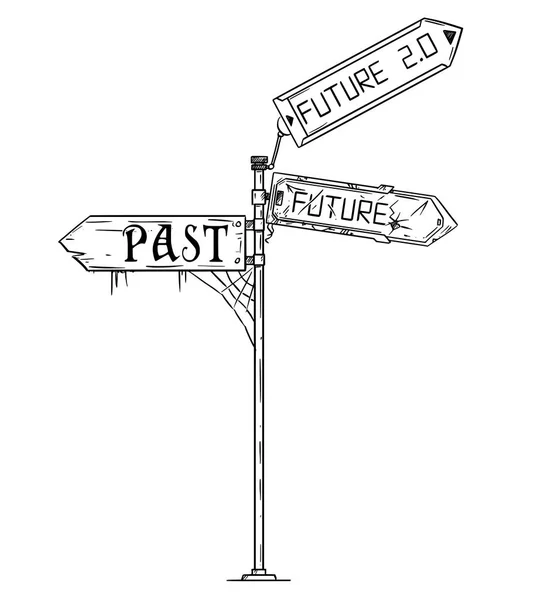 Umělecké kreslení vektorové ilustrace dopravní značka Arrow s minulost, budoucnost a budoucnost 2.0 Text — Stockový vektor