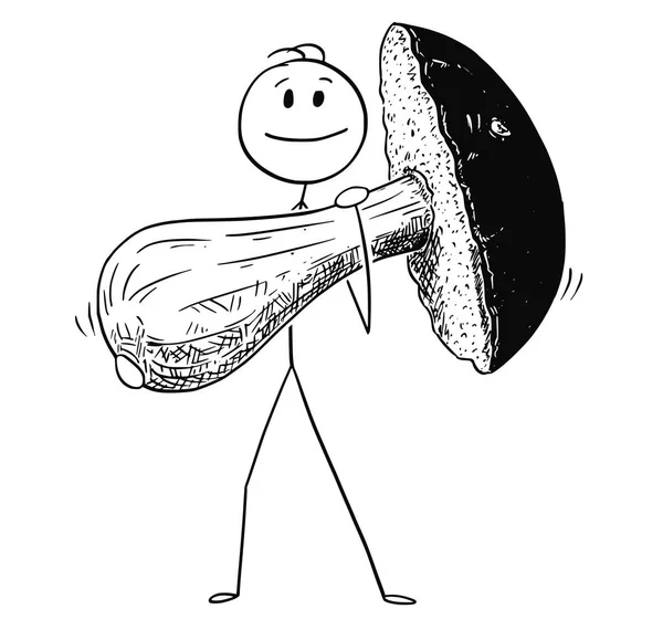 Cartoon of Man Holding Giant or Big Eatable Boletus or Bolete Mushroom — Stock Vector
