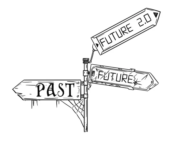 Ilustracja wektorowa Artystyczny Rysowanie ruchu znak strzałki z przeszłości, przyszłości i przyszłości 2.0 tekstu — Wektor stockowy