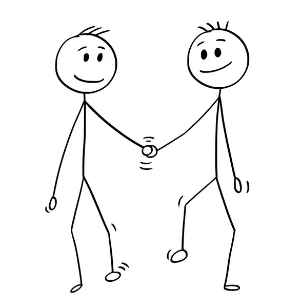 Desenhos animados de casal homossexual de dois homens gays andando e segurando as mãos —  Vetores de Stock