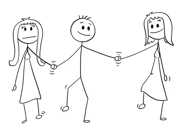 Cartone animato di eterosessuale coppia a piedi e tenendo le mani, l'uomo è anche tenendo la mano della padrona — Vettoriale Stock