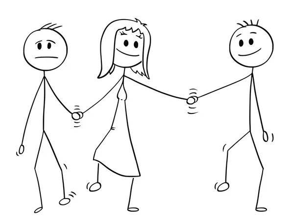 Caricatura de pareja heterosexual caminando y sosteniendo las manos, la mujer también está sosteniendo la mano de otro hombre — Vector de stock