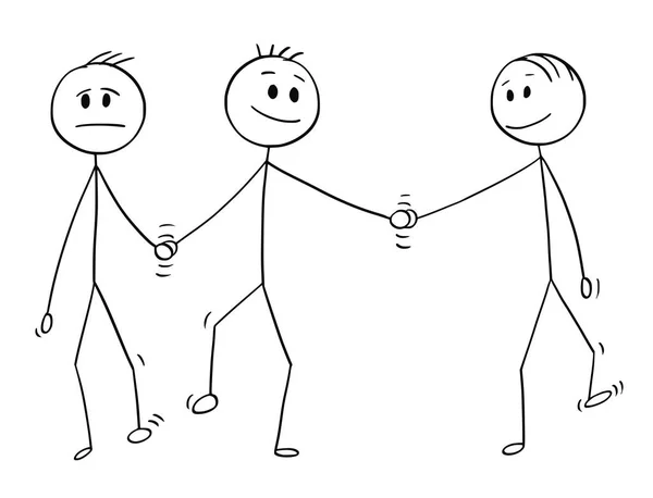 Karikatur eines homosexuellen Paares, das zwei schwule Männer beim Gehen und Händchenhalten zeigt, einer hält auch die Hand eines anderen Mannes — Stockvektor
