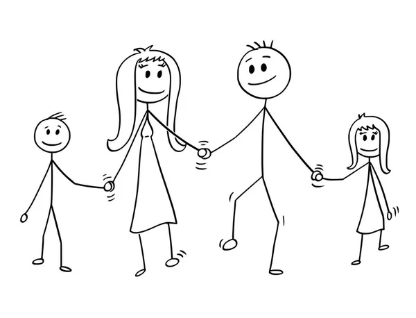 家族、男と女、少年と少女が手をつないで歩いての漫画 — ストックベクタ