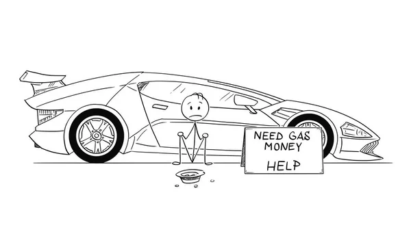 Kreskówka mężczyzna, drogie Sport właściciel samochodu, siedzi i prosząc o ceny gazu — Wektor stockowy
