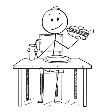 Karikatür adam Hotdog yeme ve içme Cola veya gazlı içecek