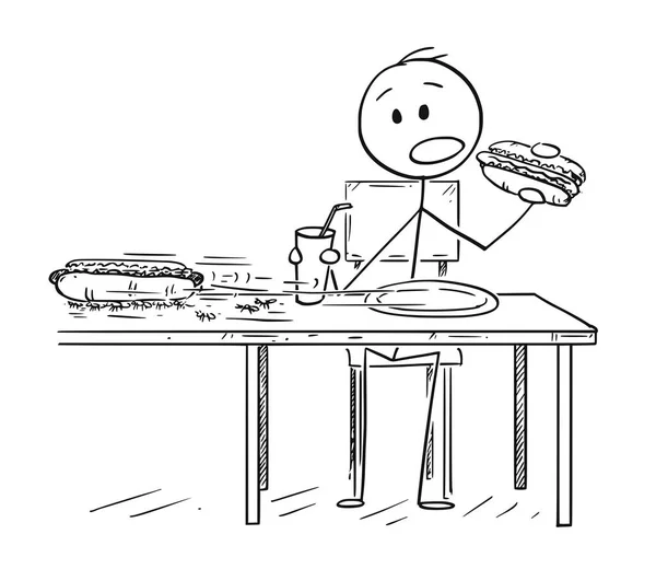 Dibujos animados del hombre comiendo Hotdog y bebiendo Cola mientras las hormigas están robando segundo Hotdog — Archivo Imágenes Vectoriales