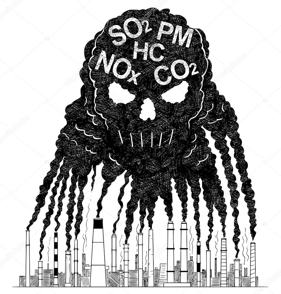 Vector Artistic Drawing Illustration of Smoke From Smokestacks Creating Human Skull, Concept of Toxic Air Pollution