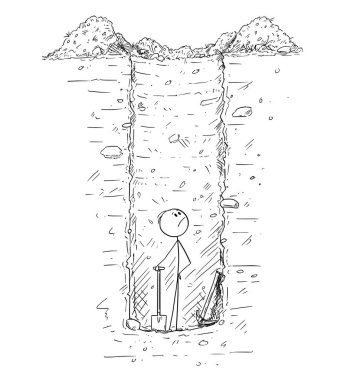 Cartoon of Man Trapped Alone Inside Deep Hole or Water Well He Dig in the Ground clipart