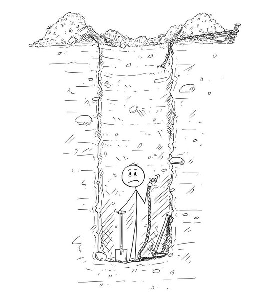 Cartoon of Man Trapped Inside Deep Hole or Water Well He Dig in the Ground