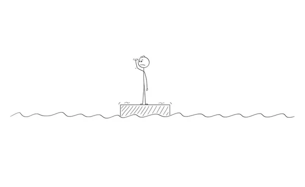 Caricature de l'homme ou de l'homme d'affaires debout seul sur le radeau au milieu de l'océan — Image vectorielle