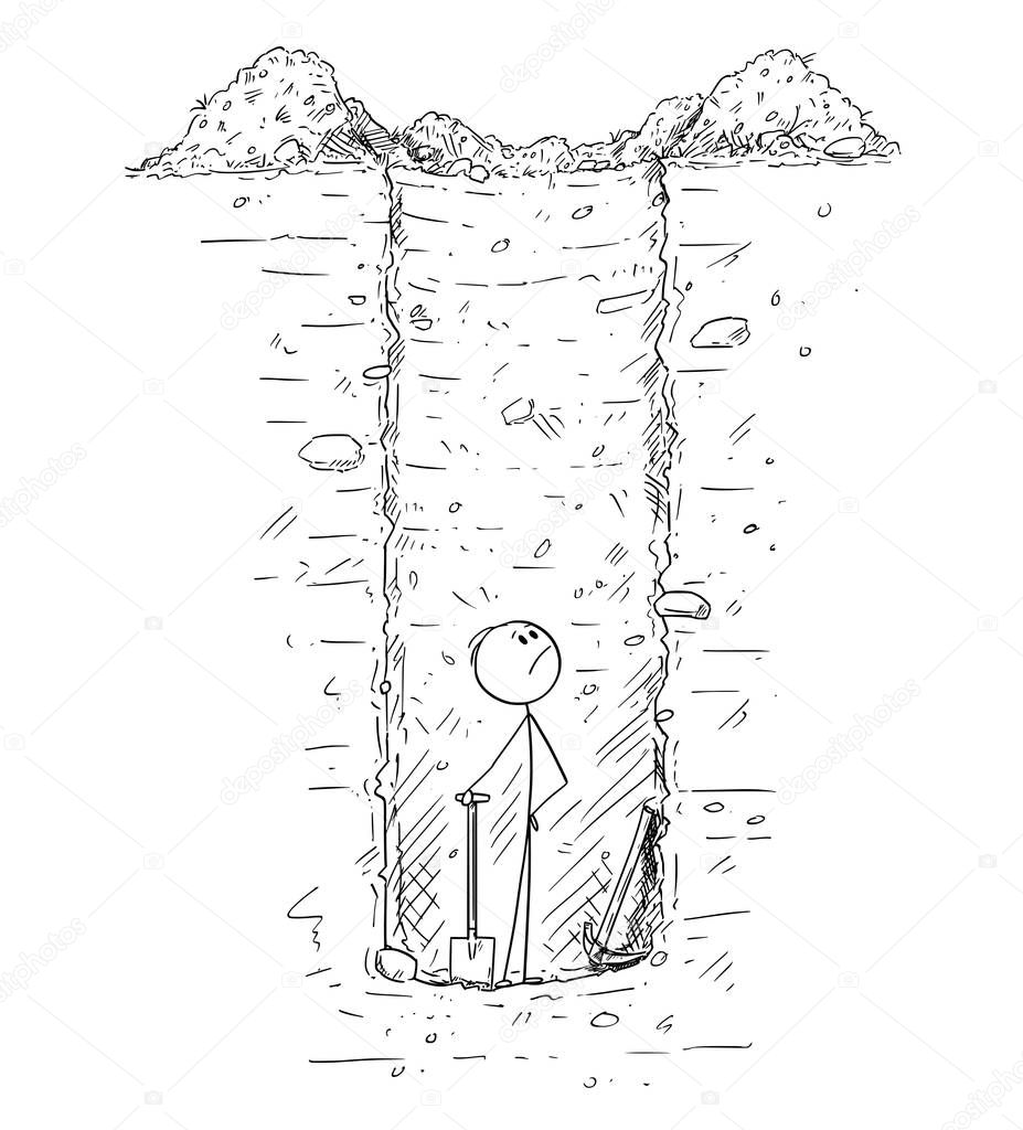 Cartoon of Man Trapped Alone Inside Deep Hole or Water Well He Dig in the Ground