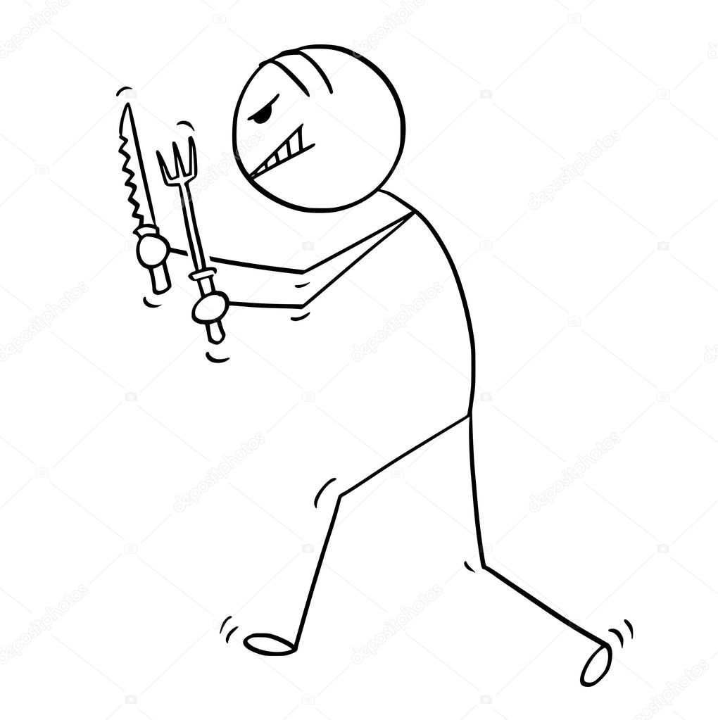Cartoon stick drawing conceptual illustration of insane and mad man walking with fork and knife. He is ready to eat.