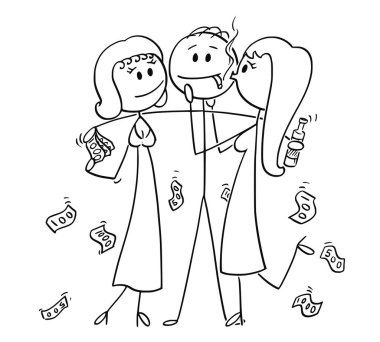 Cartoon of Successful and Rich Man or Businessman With Two Girls Hugging Him for Money clipart