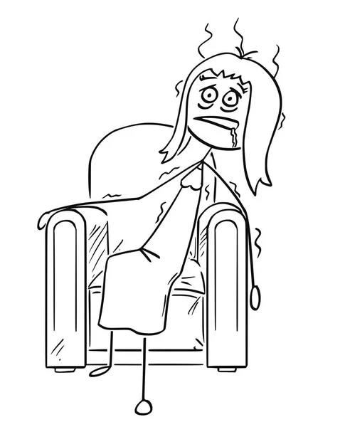 Caricature d'une femme épuisée assise effondrée dans un fauteuil — Image vectorielle