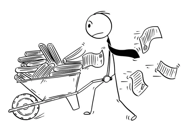 Desenhos animados de Empresário ou Clerk Empurrando carrinho de mão cheio de documentos do escritório — Vetor de Stock