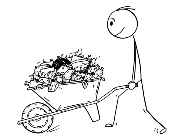 Desenhos animados de homem empurrando carrinho de mão cheio de lixo — Vetor de Stock