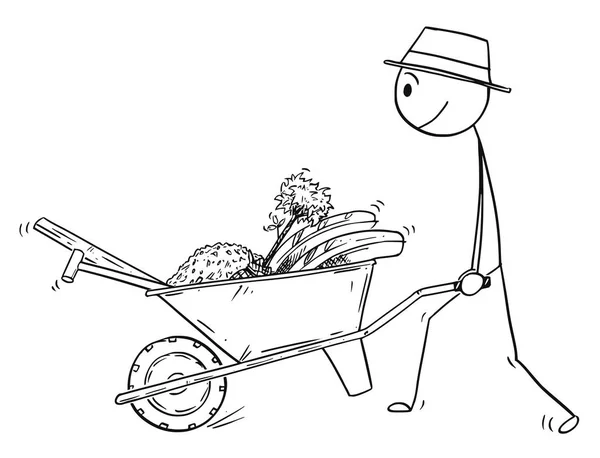 Cartoon van tuinman gonna Plant een boom en duwen kruiwagen met apparatuur — Stockvector