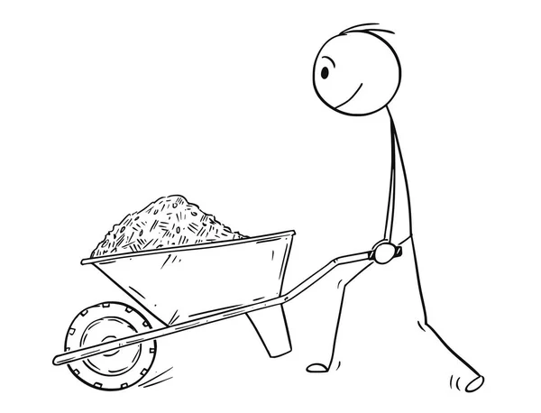 Karikatur eines Mannes, der Schubkarren mit Erde, Schlamm, Sand oder Mulch schiebt. — Stockvektor