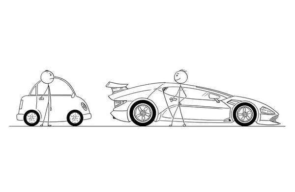 Tecknad av två män eller affärsmän, en med dyra sportbil, en annan med billiga och små bil — Stock vektor