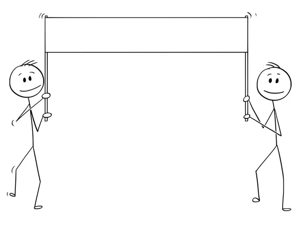 Cartone animato di due uomini che camminano con banner o cartellone vuoto e bianco — Vettoriale Stock