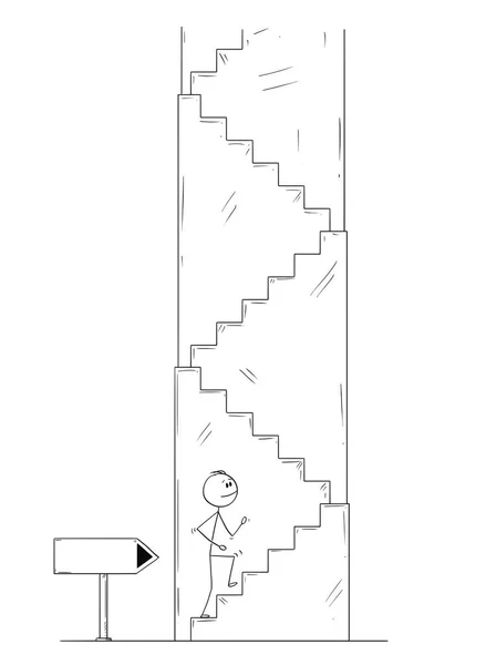Adam ya da işadamı yürüyen merdivenlerden yukarı yön gösteren boş ok işareti karikatür — Stok Vektör