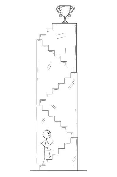 Karikatur eines Mannes oder Geschäftsmannes, der die Treppe zur Siegertrophäe hinaufgeht — Stockvektor