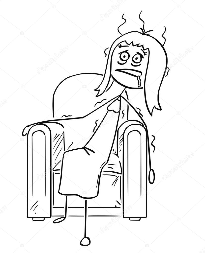 Cartoon of Exhausted Woman Sitting Collapsed in Armchair
