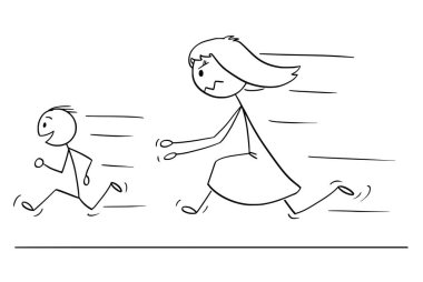 Karikatür bir yaramaz ya da asi oğlum peşinde sinirli ve öfkeli anne
