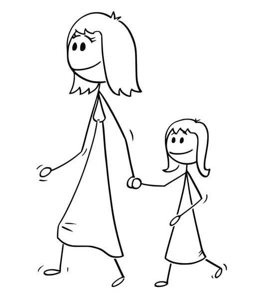 Karikatur einer Mutter, die mit ihrer Tochter geht und ihre Hand hält — Stockvektor