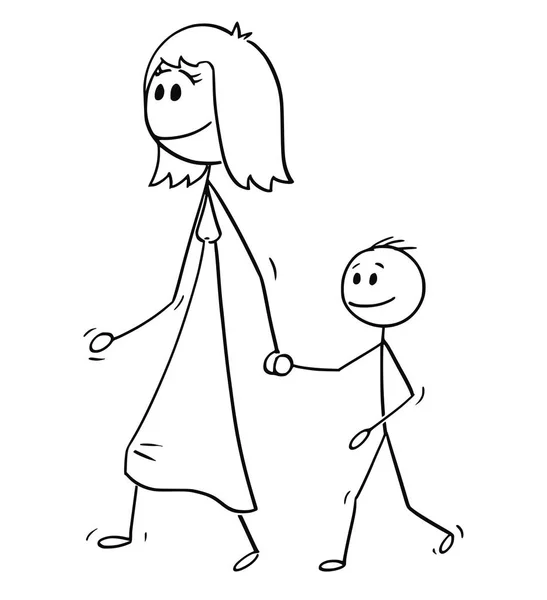 Cartoon van moeder wandelen met zoon en bezit is van zijn Hand — Stockvector