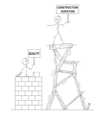 Karikatür iki adam ya da iş adamları, bir tanesi yavaş yavaş kalite Tower dan tuğla bina, ikinci adam Top, kötü yapılan ucuz kule gelen ahşap üzerine duruyor