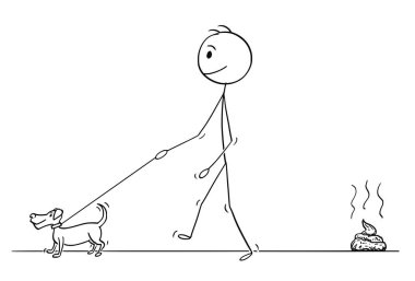 Çizgi film küçük köpek ile yürüme, dışkı yere bırakarak adamın