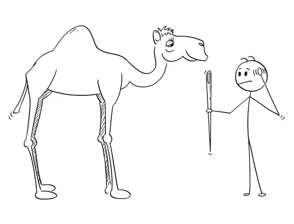 Cartoon of Man holding a Needle and Thinking About Its Eye and the Camel — стоковый вектор