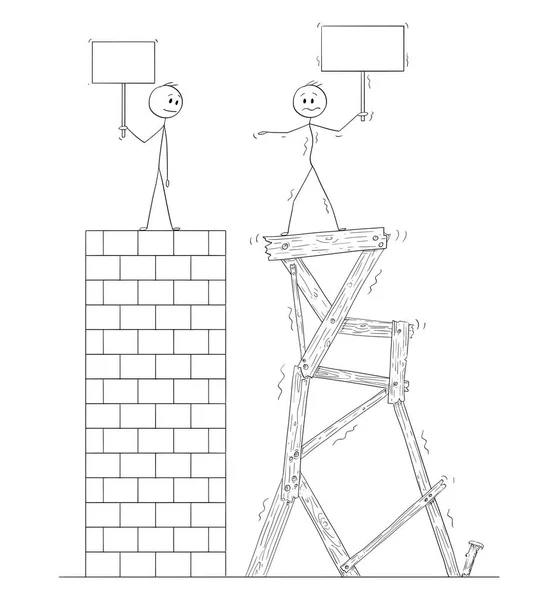 Dibujos animados de dos hombres o hombres de negocios de pie en la parte superior de dos torres, uno de ellos está bien construido a partir de ladrillos, la segunda es la construcción de mala calidad a partir de madera — Vector de stock