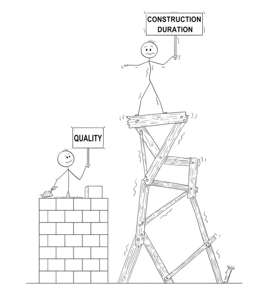 Desenhos animados de dois homens ou empresários, um deles está construindo torre de qualidade lenta de tijolos, segundo homem está em pé no topo da torre barata mal feita de madeira — Vetor de Stock