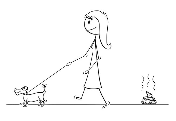 Tecknad av kvinna promenader med liten hund, lämnar avföring på marken — Stock vektor