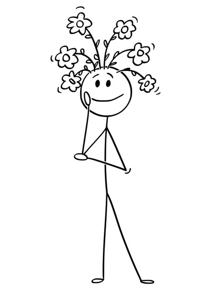 Cartoon of Man With Flowers Growing From His Head — Stock Vector