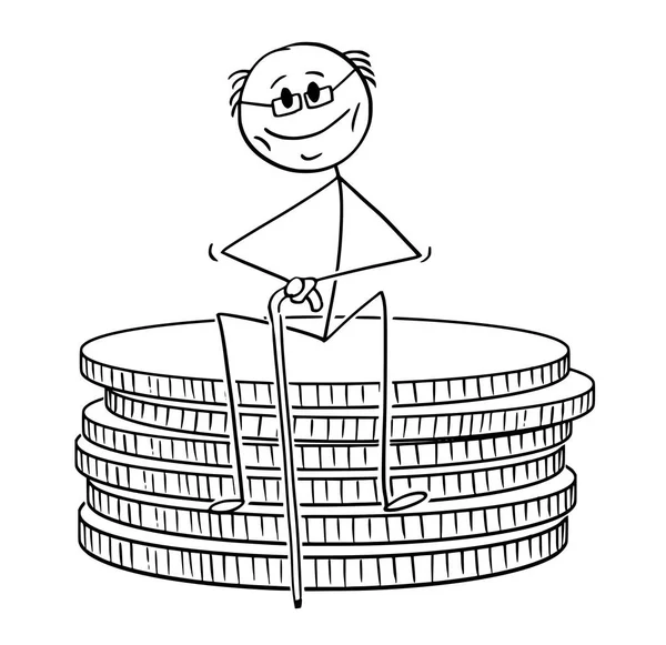 Caricatura del viejo jubilado jubilado o jubilado sentado en una pequeña pila de monedas — Vector de stock